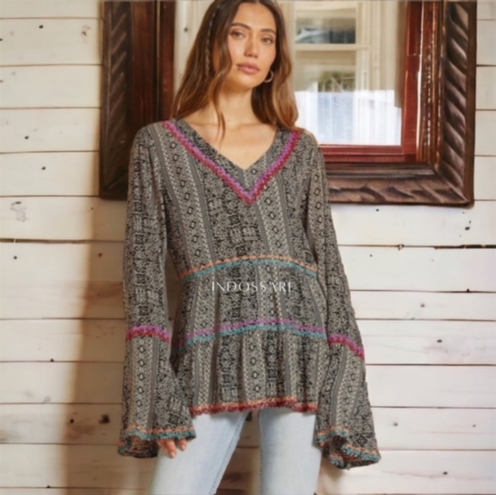 Boho V-neck Bell Sleeved Babydoll Top